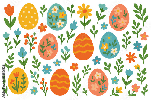 Easter eggs and flowers on a colorful, blurry background