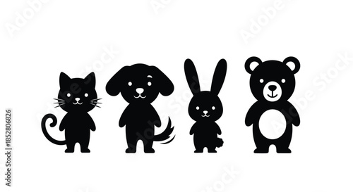 Black silhouettes of cat, dog, rabbit, and bear on white background vector
