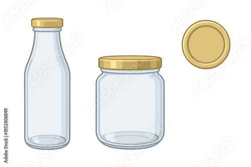 Transparent Glass Bottles and Jar with Gold Lids