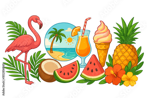 Vibrant Summer Tropical Fiesta with Flamingo and Fruits