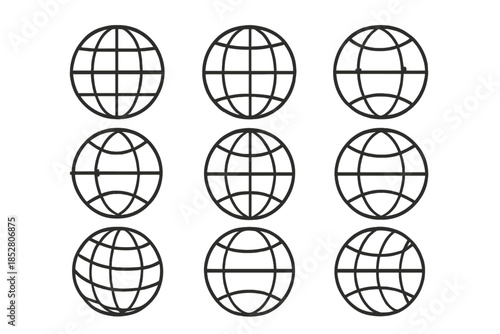 Grid of Nine Globe Icons on Gray Background
