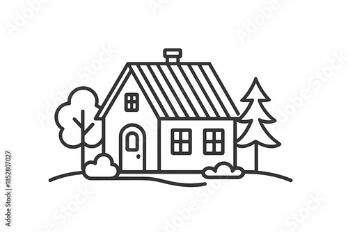 House icon with tree and bushes on grey background