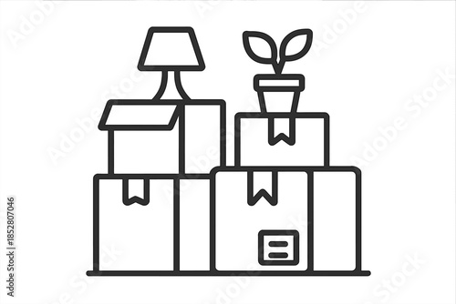 Moving boxes with houseplant and lamp icon