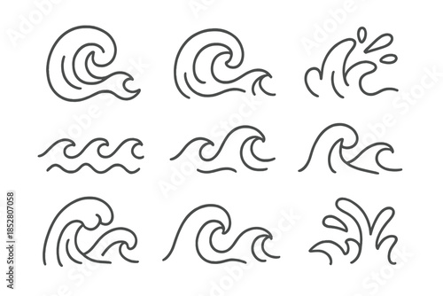 Set of nine stylized wave icons on a gradient background
