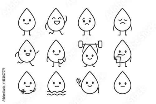 Cute Water Drop Characters with Different Expressions and Actions