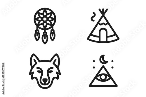 Four Native American and spiritual icons in a grid on a dark background