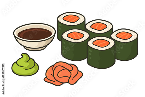 Sushi and accompaniments illustration