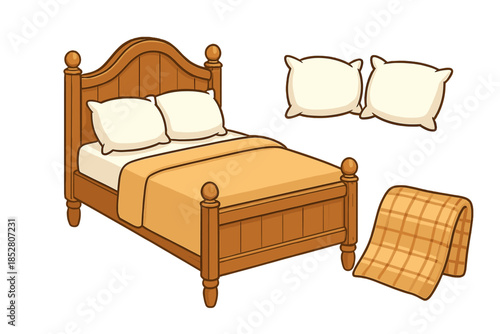 Cozy Wooden Bed with Pillows and Blanket