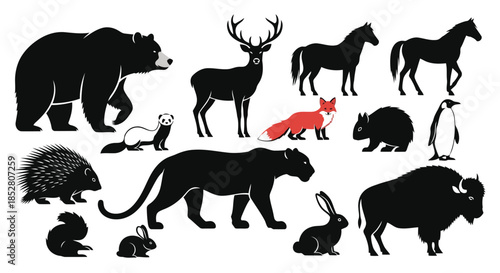 Collection of animal silhouettes on white background vector