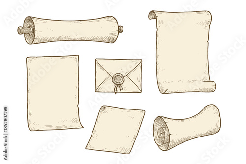 Collection of old scrolls, letters, and envelopes