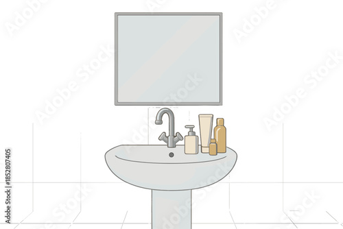 Bathroom sink with mirror and toiletries