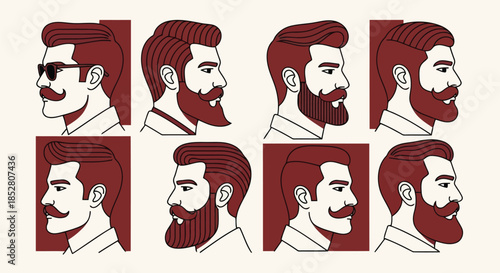 Eight different beard and hairstyle variations of a man with red hair on beige background vector