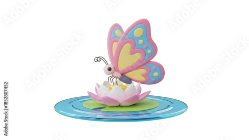 A colorful butterfly illustration sitting on a pink lotus flower in calm water