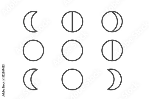 Nine moon phases arranged in a 3x3 grid