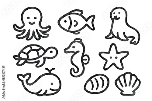 Cute Cartoon Marine Life Icons Set