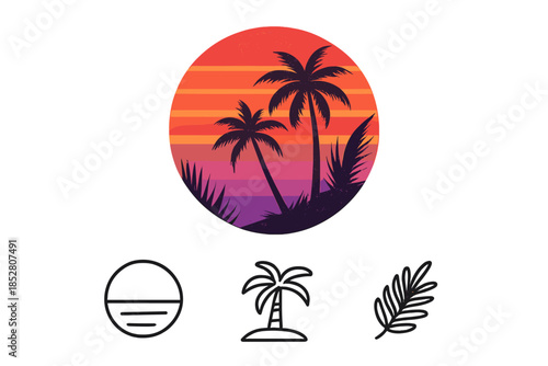 Retro Sunset Palm Trees Circle Graphic