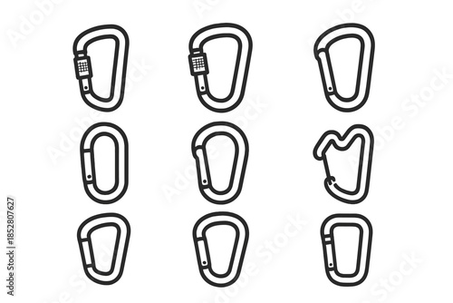 Nine carabiners with different locking mechanisms on a gray background