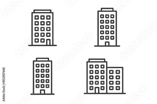 Four apartment building icons on a dark background