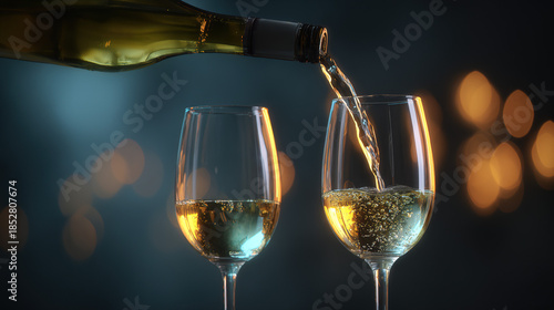 ferment. Two glasses of white wine being poured from a bottle, capturing liquid motion against a dark background. bar promotions, beverage menus, designed for product packaging and bar promotions.

