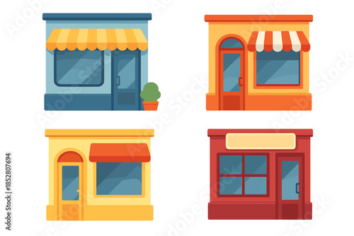 Four cartoon storefronts with awnings and glowing light
