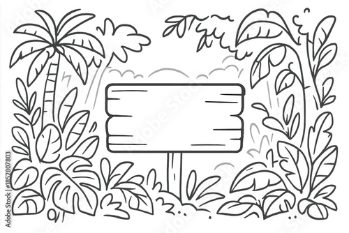 Tropical jungle sign with palm tree and lush foliage
