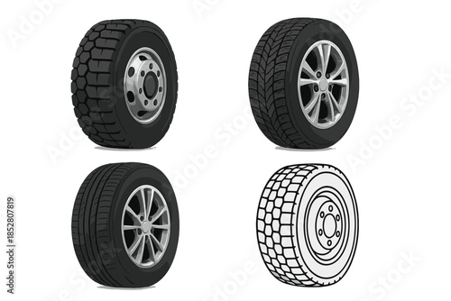 Collection of four car tires on a gray background