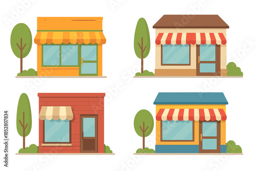 Four cartoon storefronts with trees and awnings