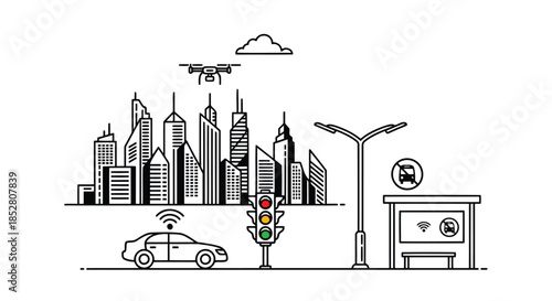 Vector illustration of a cityscape with a drone flying overhead and a car with Wi-Fi signal