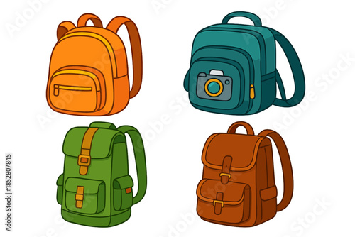 Four cartoon backpacks with glowing outlines