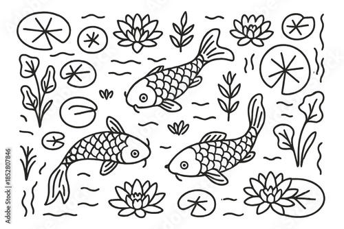 Three Koi Fish Swimming Among Lily Pads and Flowers