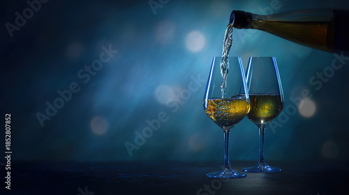 ferment. Two glasses of white wine being poured from a bottle, capturing liquid motion against a dark background. bar promotions, beverage menus, designed for product packaging and bar promotions.
