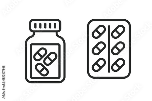 Icons of pills in a bottle and blister pack on a dark background