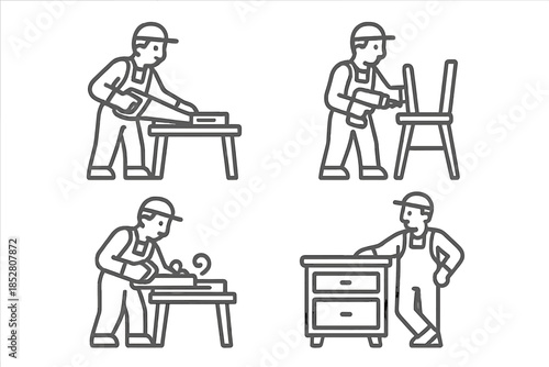 Four woodworking icons with a carpenter at work
