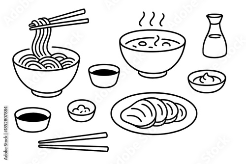 Asian food icons with chopsticks and bowls