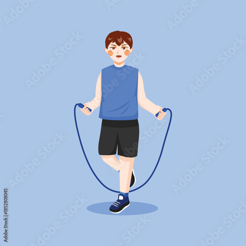 A flat illustration of a boy skipping rope, symbolizing cardio exercise, active play, and a healthy lifestyle.