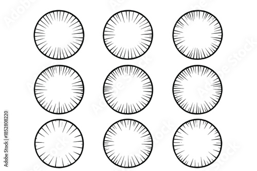 Nine graphic circles with radial lines on a dark gradient background