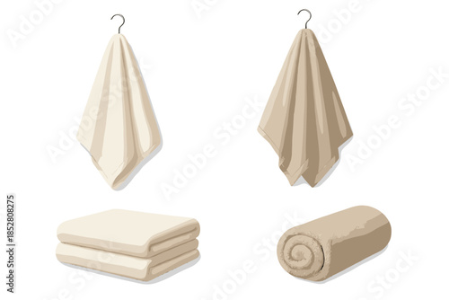 Set of beige towels arranged in different ways