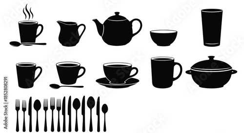 Black silhouettes of various cups, teapot, and cutlery on white background vector
