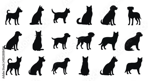 Collection of black dog and cat silhouettes on white background vector