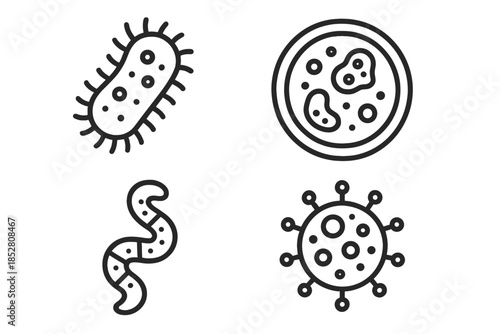Microscopic organisms and viruses icons on a dark gradient background