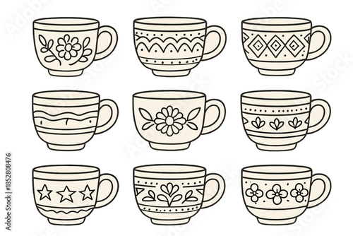 Nine Hand-Drawn Decorative Cups