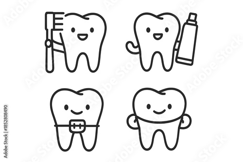 Cute Tooth Icons with Dental Care Elements