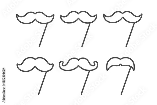 Set of six mustache props on sticks against a gradient background