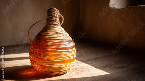demijohn. Wicker-wrapped glass bottle with amber liquid on a rustic wooden table. bar promotions, beverage menus, designed for food & beverage menus and cafe branding.
