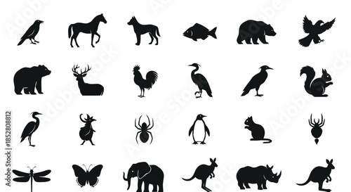 Collection of animal silhouettes on white background vector