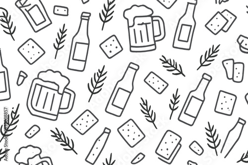 Pattern of beer mugs, bottles, crackers and wheat
