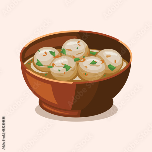 A flat illustration of meatball soup served in a bowl, ideal for food menus, culinary branding, and traditional cuisine visuals.