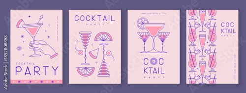 Set of line art holiday cocktail party posters with cocktail and champagne glasses. Restaurant menu design. Vector illustration