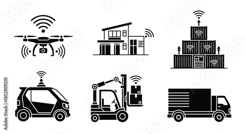 Black and white vector icons of modern wireless technology and logistics vehicles