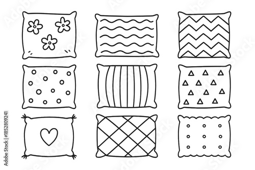 Set of nine hand-drawn pillow icons with different patterns